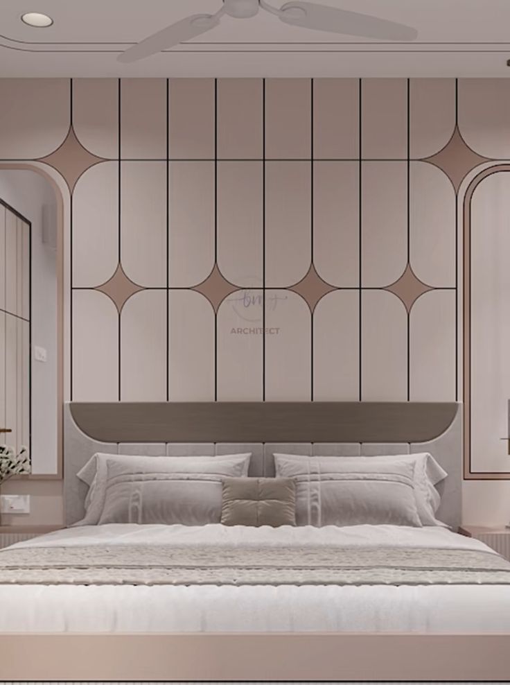 Blush Rose Geometric Headboard Wall with Arched Mirrors